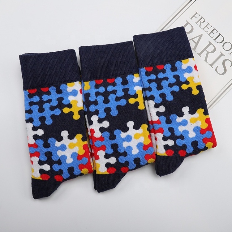 KANGYI Wholesale custom men fun socks fashion puzzle pattern colorful cotton dress socks