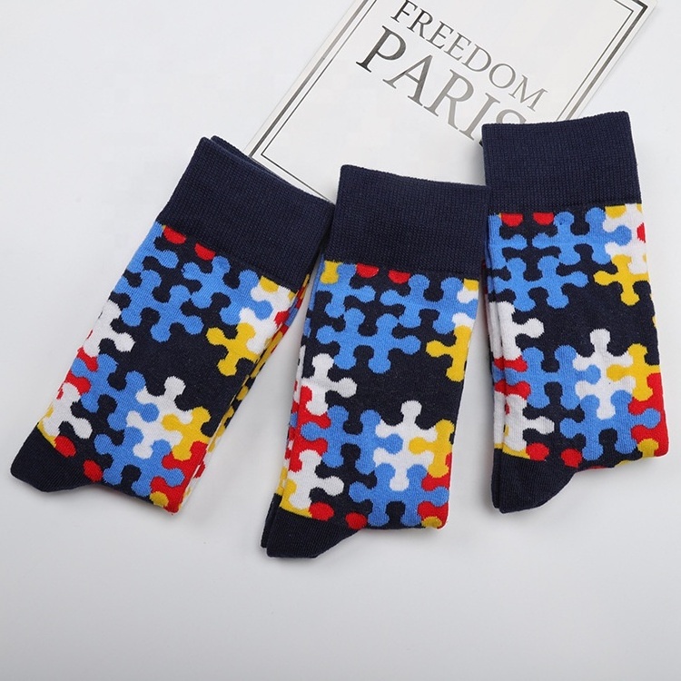 KANGYI Wholesale custom men fun socks fashion puzzle pattern colorful cotton dress socks