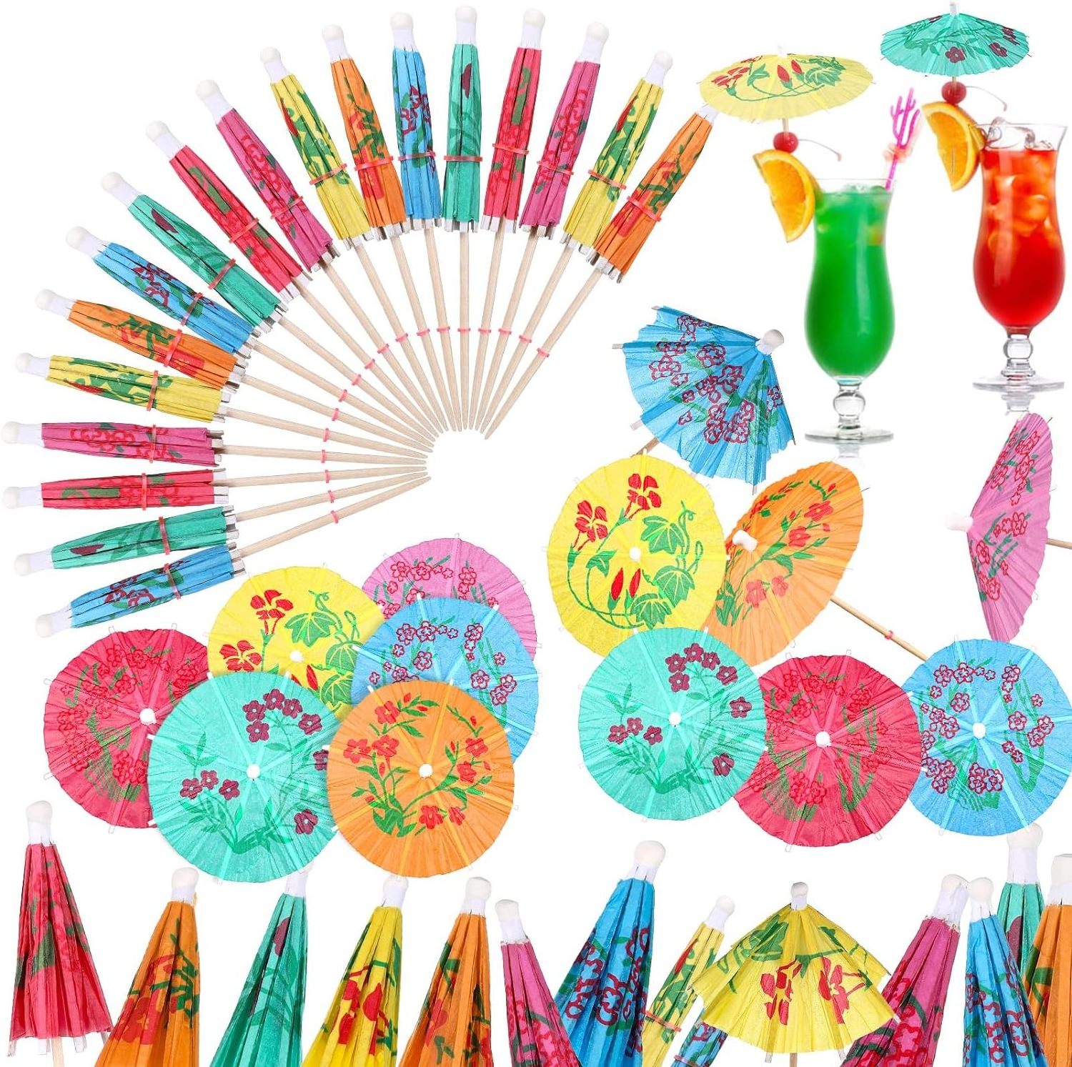 100pcs Party Supplies Bamboo Wooden  Drink Cocktail Umbrella Picks, Paper Cupcake Toppers for Party Wedding