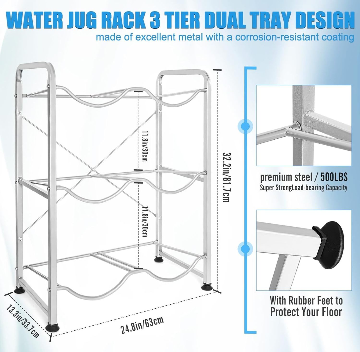 3 Tier Silver 5 Gallon Water Bottle Holder for garages kitchens, 5 Gallon Detachable 6 BottlesWater Jug Holder