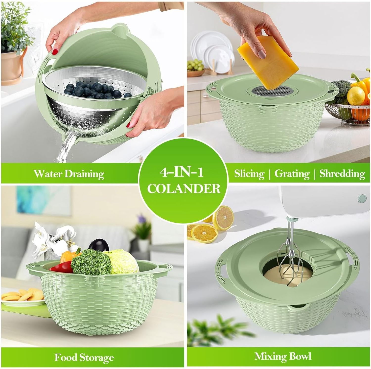 Apartment & Home Essentials Green Food Strainers and Colanders, 4-1 Colander with Mixing Bowl Set for Kitchen