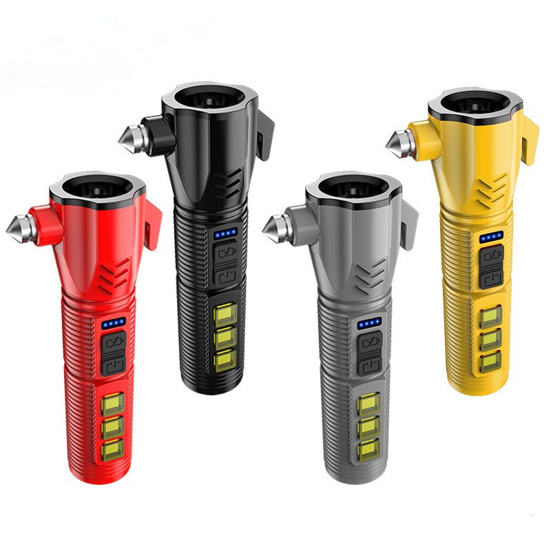 Outdoor Safety Hammer Flashlight LED Outdoor Multifunctional Work Light USB Car Strong Light Long Range Emergency Flashlight