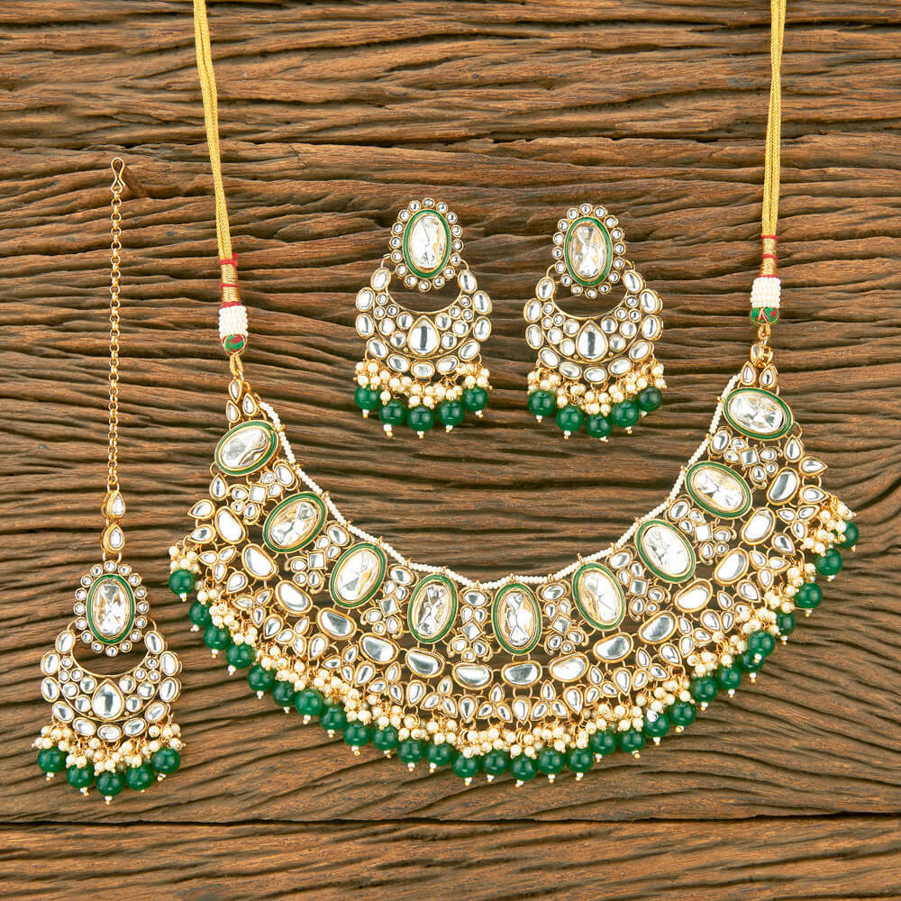 Gold Plated Indo Western Kundan Necklace Set With Beads Artificial Jewellery Exporter in India