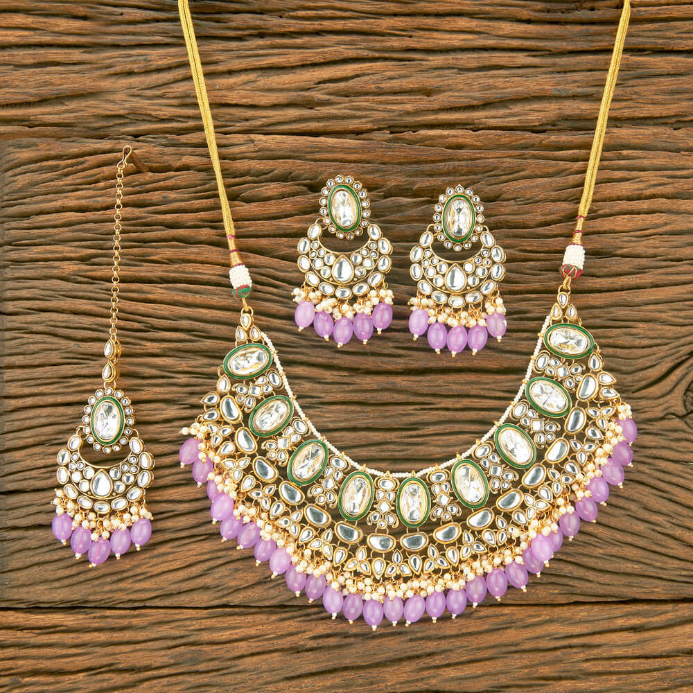 Gold Plated Indo Western Kundan Necklace Set With Beads Artificial Jewellery Exporter in India