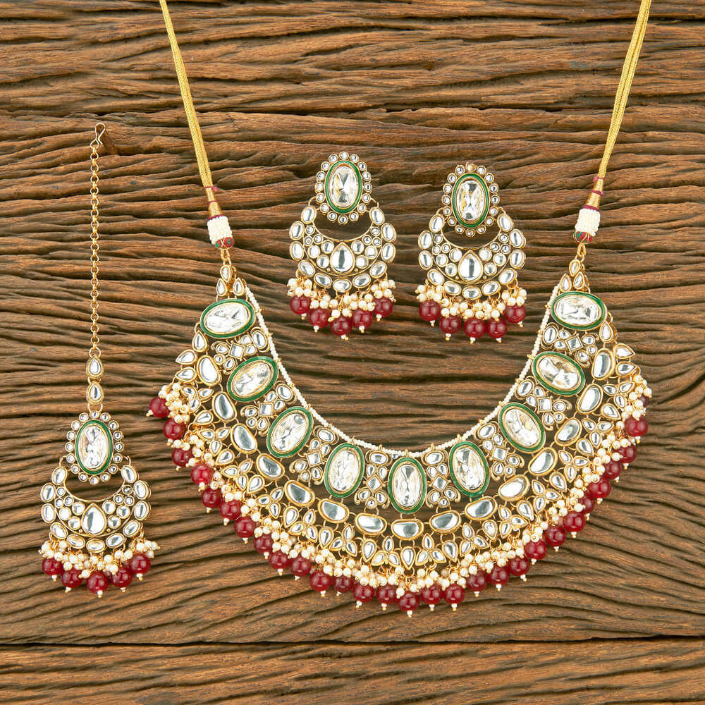 Gold Plated Indo Western Kundan Necklace Set With Beads Artificial Jewellery Exporter in India