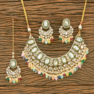 Gold Plated Indo Western Kundan Necklace Set With Beads Artificial Jewellery Exporter in India