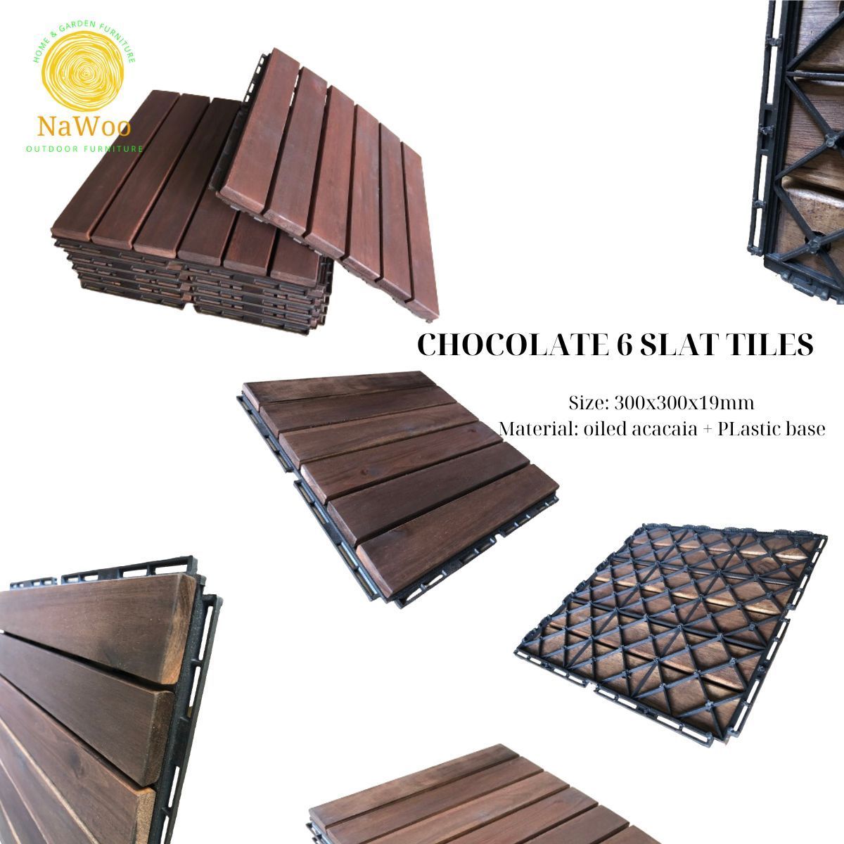 Nawoo - Acacia Solid Wood Decking Tiles 10 pieces/carton box Outdoor 6 slats Decking 19mm thick Interlocking Decking Tiles