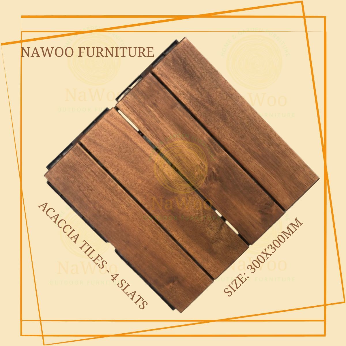 Nawoo - Acacia Solid Wood Decking Tiles 10 pieces/carton box Outdoor 4 slats Decking 19 mm thick Interlocking Decking Tiles