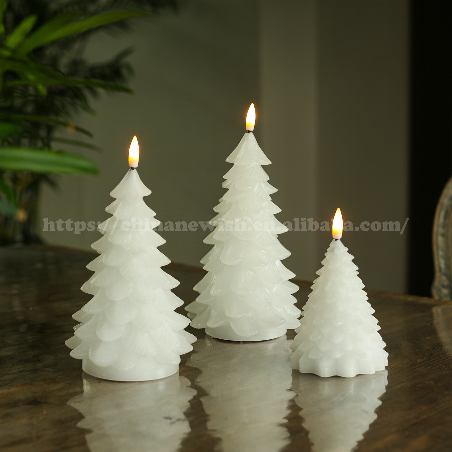 Newish Set/3 Christmas Green Tree Shape Home Decorations Real Wax Battery Operated Flameless LED Candles