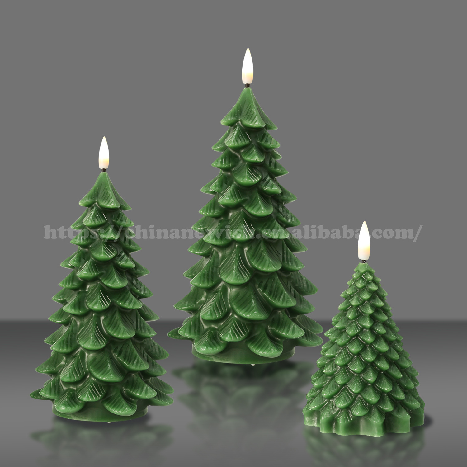 Newish Set/3 Christmas Green Tree Shape Home Decorations Real Wax Battery Operated Flameless LED Candles