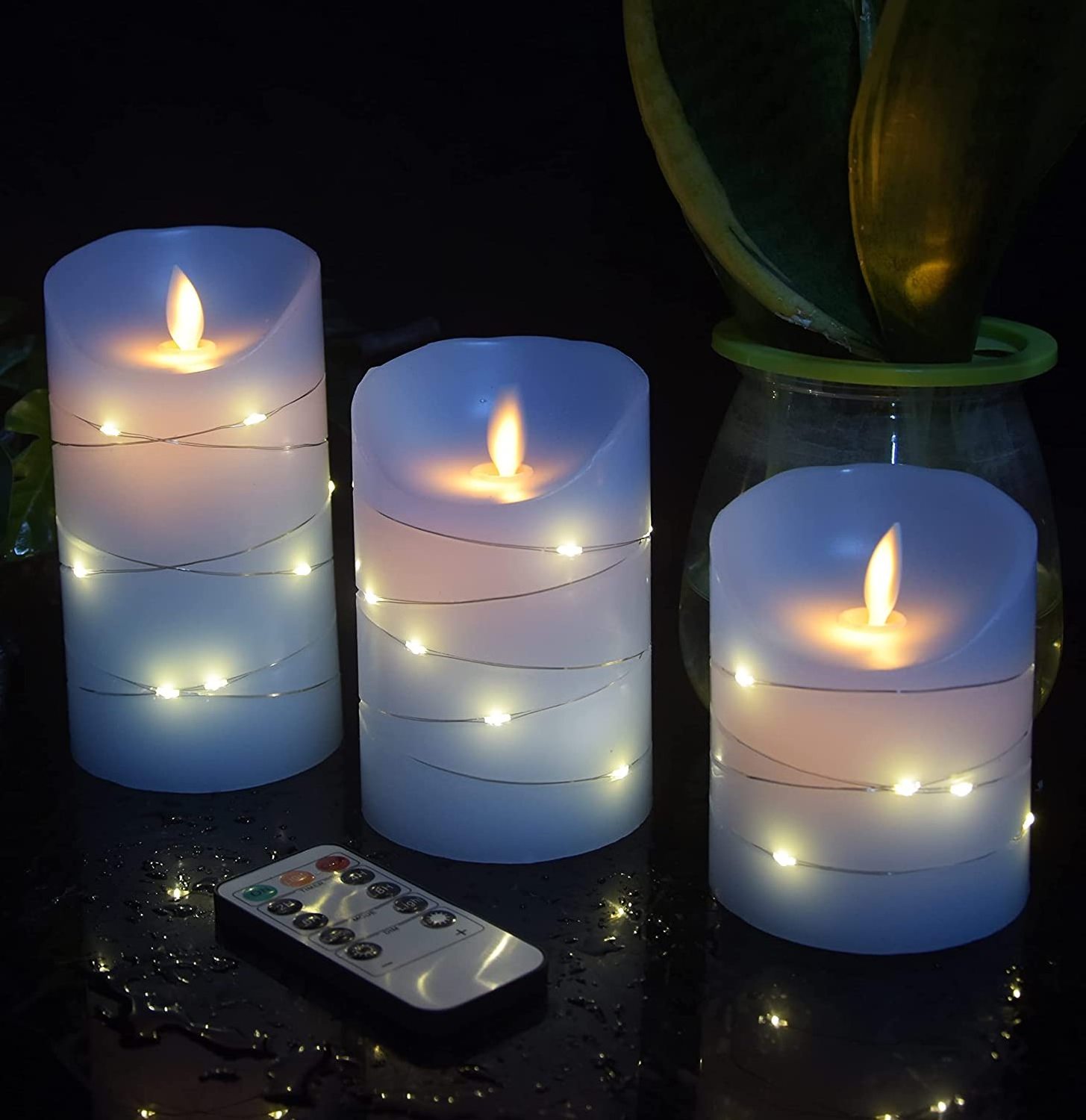 Kanlong bullet flame and 3 LED string entangled colorful Sky Blue flameless Candle with timer