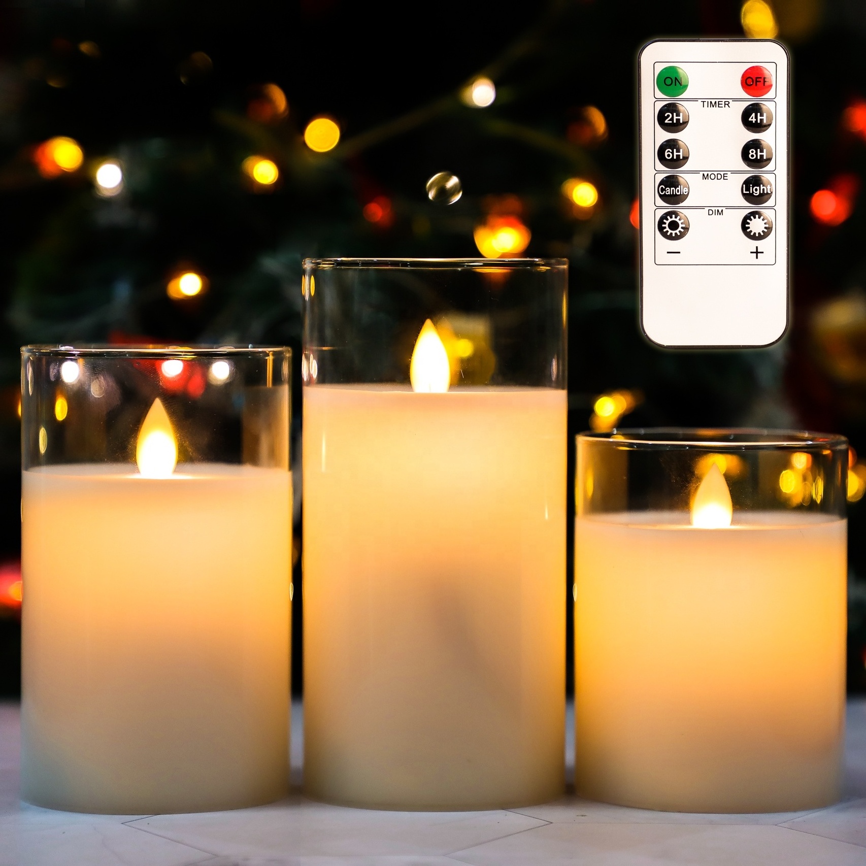 Kanlong battery Remote control flameless elegant Christmas led candle light grey white glass pillar candles