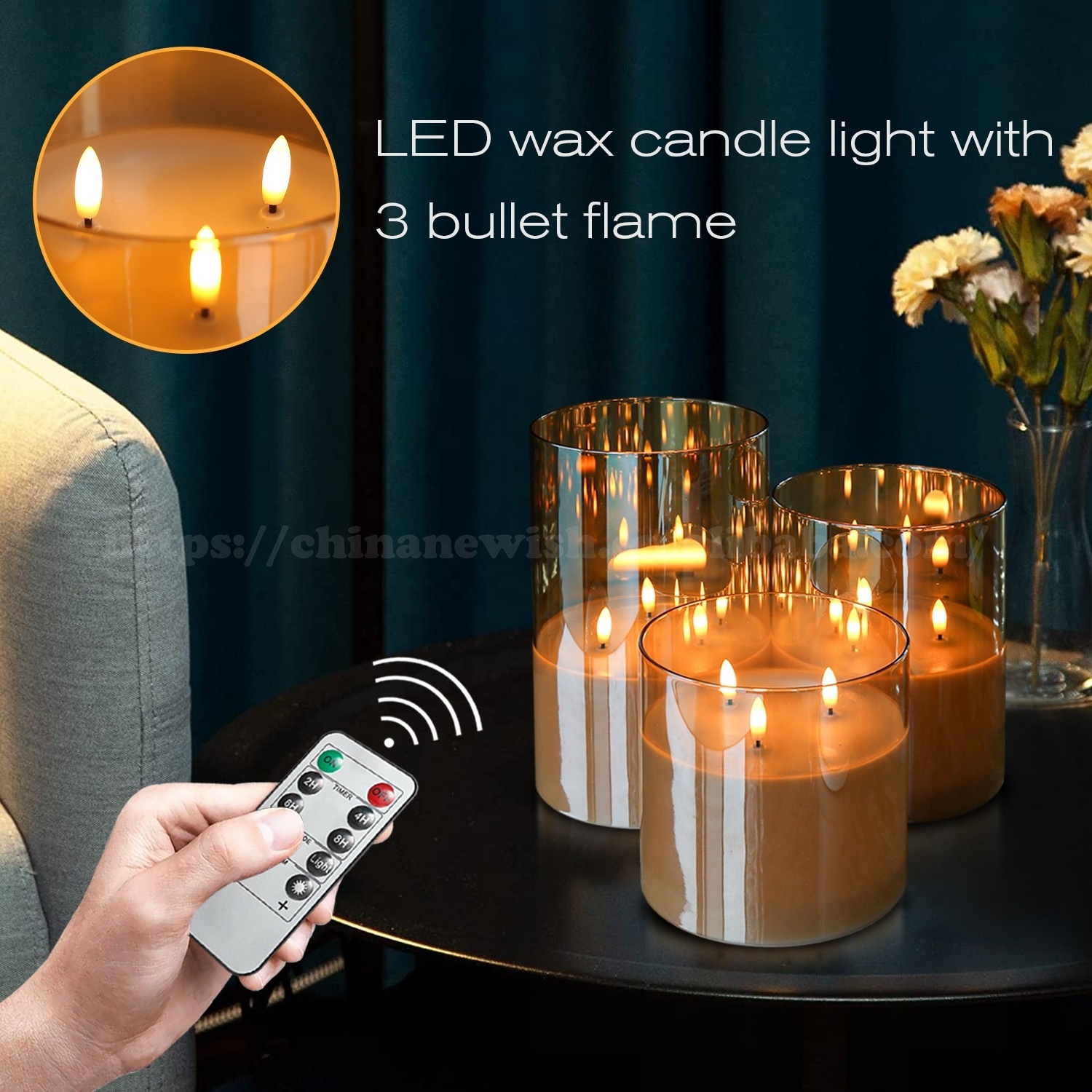 Kanlong Christmas Wedding Decoration luxury large flameless glass LED wax Pillar candle with 3 swing flame