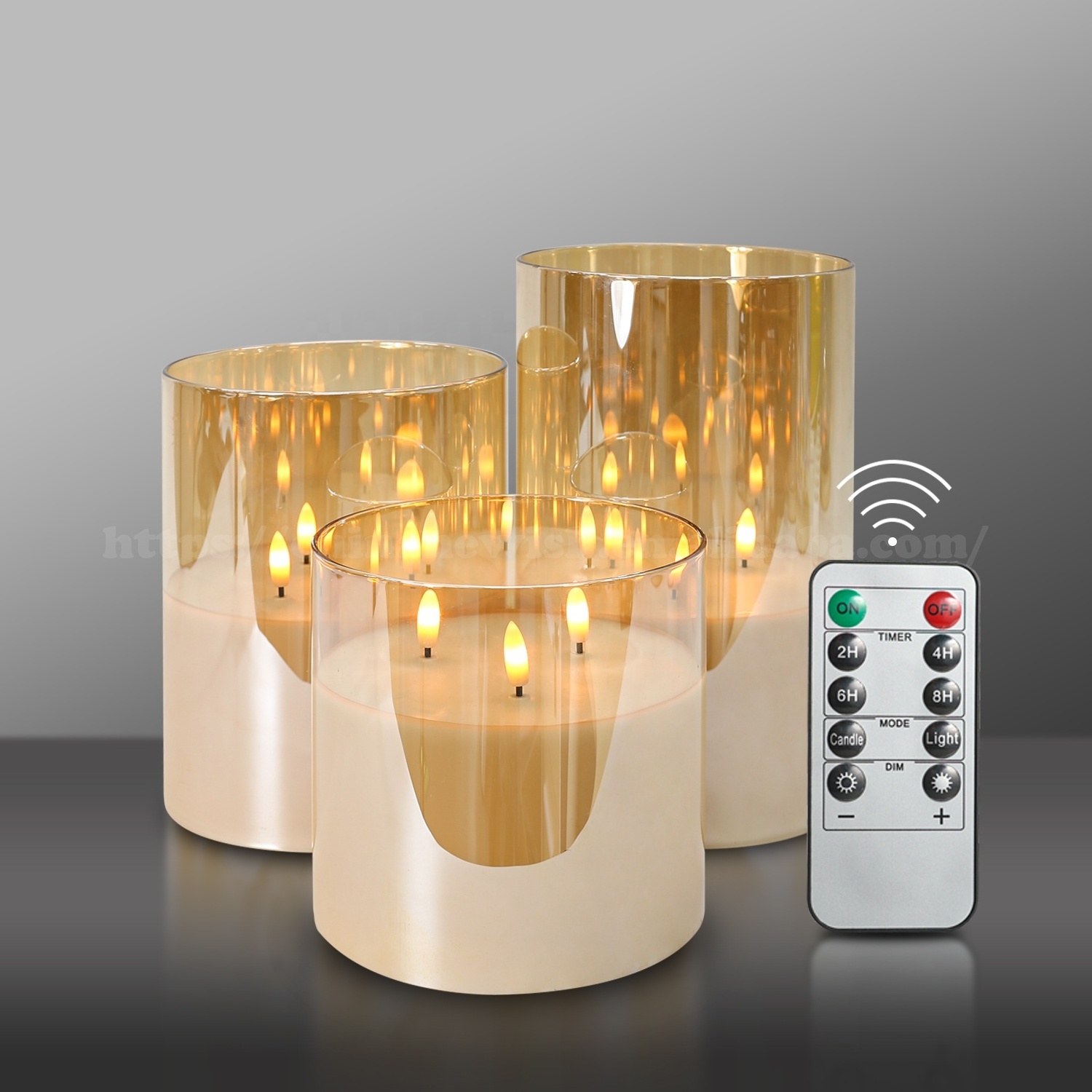 Kanlong Christmas Wedding Decoration luxury large flameless glass LED wax Pillar candle with 3 swing flame