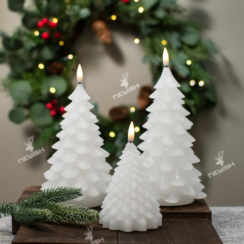 Newish Set/3 Christmas Green Tree Shape Home Decorations Real Wax Battery Operated Flameless LED Candles