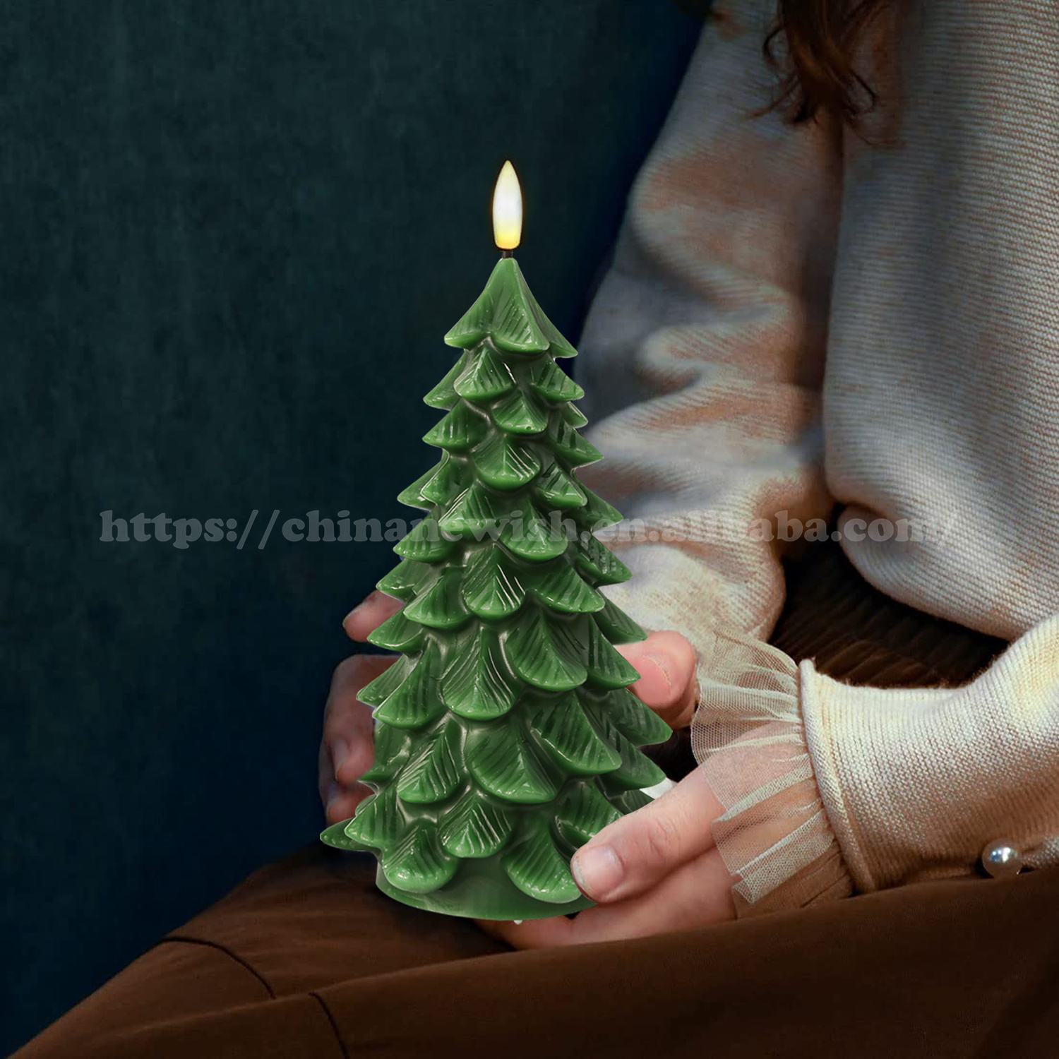 Newish Set/3 Christmas Green Tree Shape Home Decorations Real Wax Battery Operated Flameless LED Candles