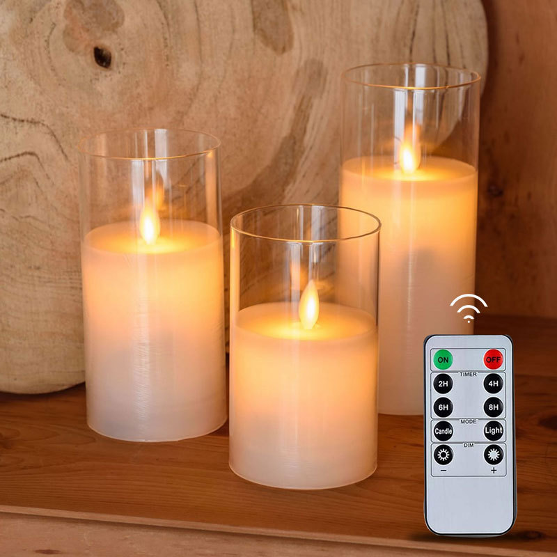 Kanlong battery Remote control flameless elegant Christmas led candle light grey white glass pillar candles