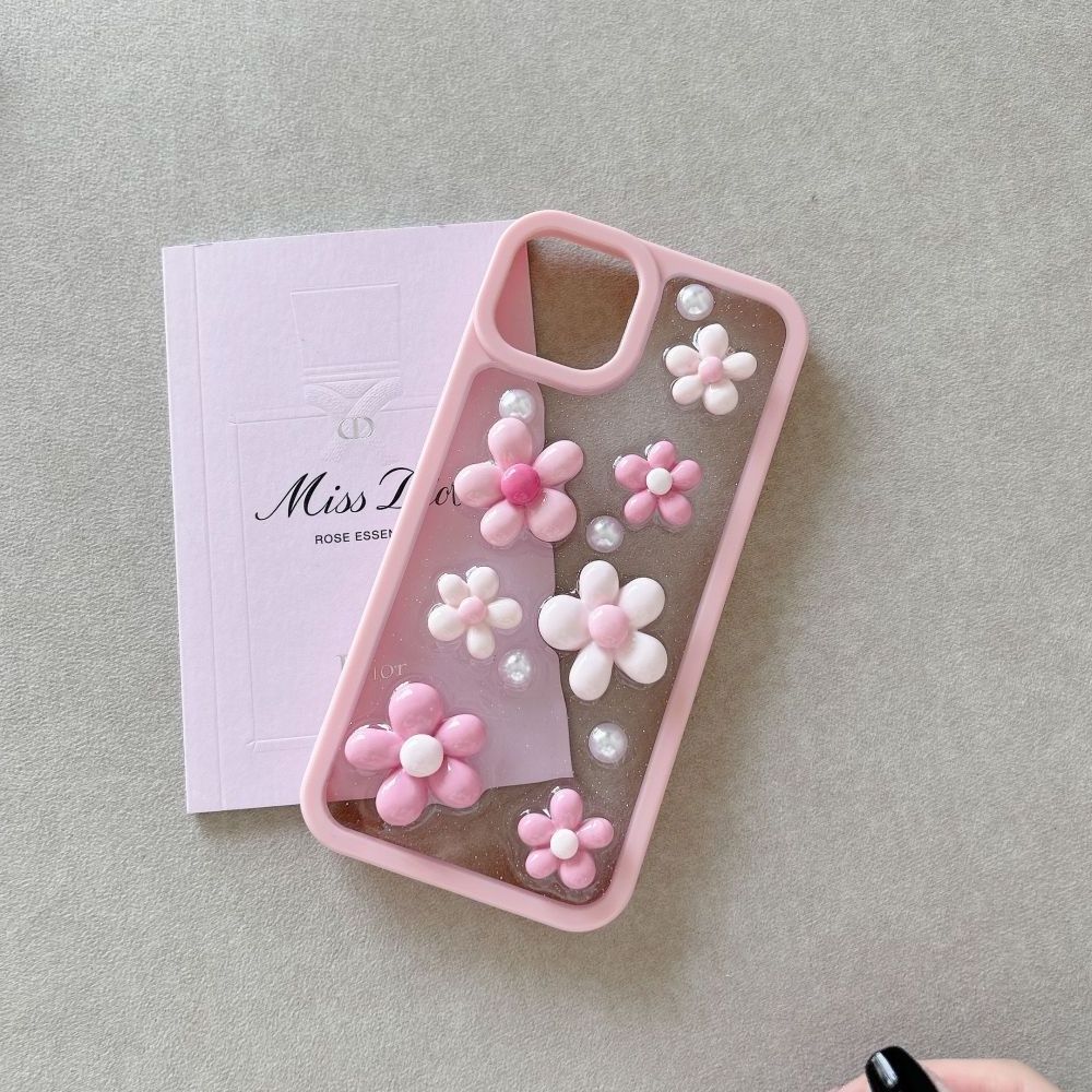 INS Korea Glitter Pink Flowers Epoxy Phone Case for iPhone 15 Pro Case