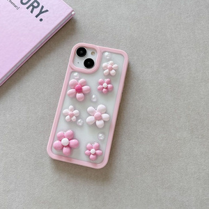 INS Korea Glitter Pink Flowers Epoxy Phone Case for iPhone 15 Pro Case