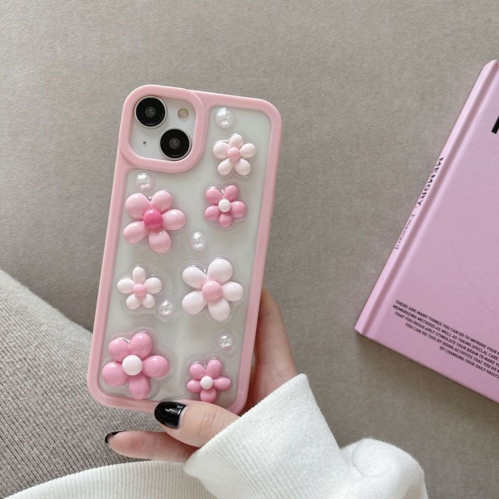 INS Korea Glitter Pink Flowers Epoxy Phone Case for iPhone 15 Pro Case