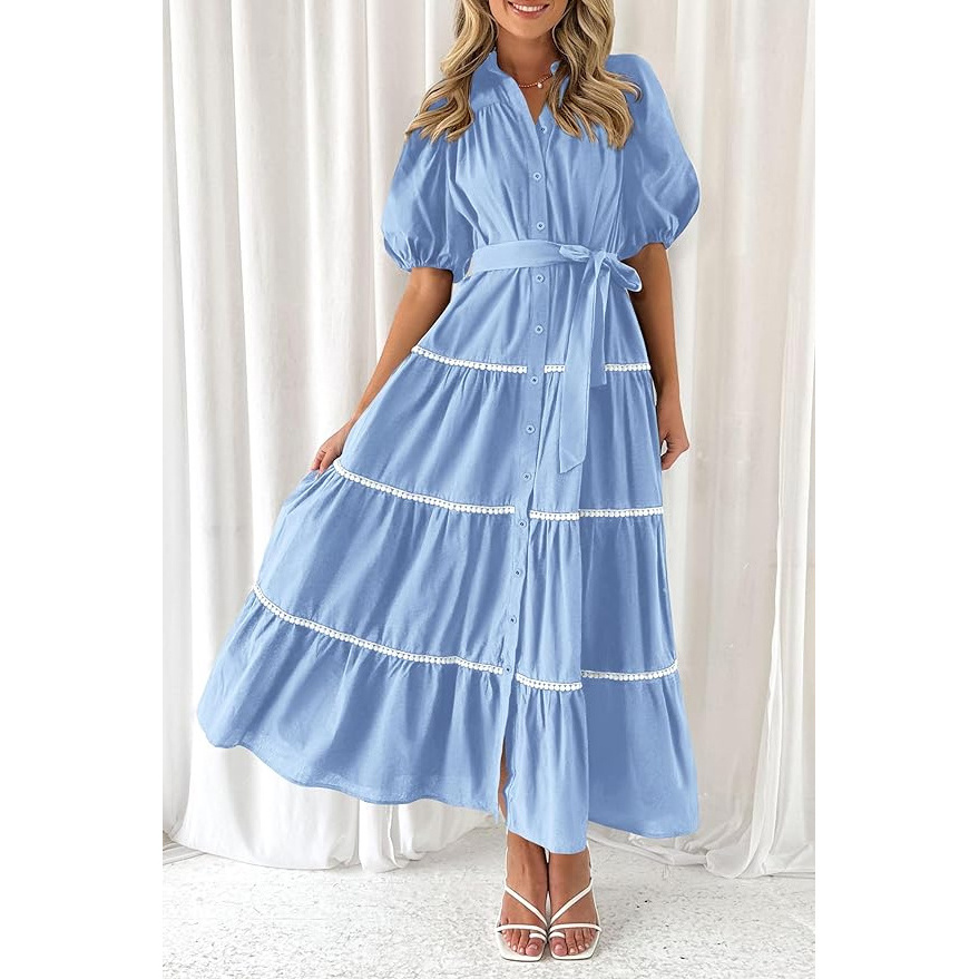 Custom made dress manufacturer elegant summer Button Down short puff sleeve shirt collar lace Long Maxi casual dresses women