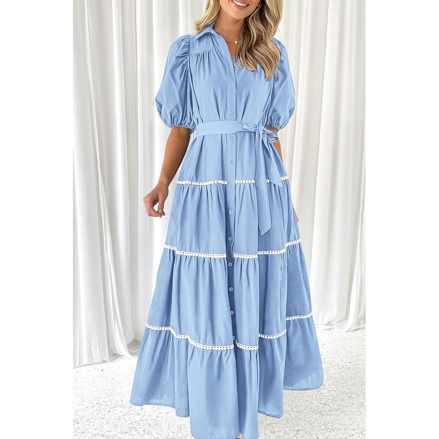 Custom made dress manufacturer elegant summer Button Down short puff sleeve shirt collar lace Long Maxi casual dresses women