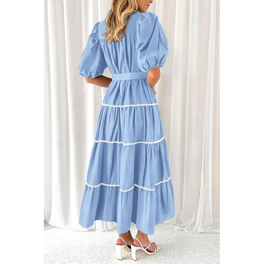 Custom made dress manufacturer elegant summer Button Down short puff sleeve shirt collar lace Long Maxi casual dresses women