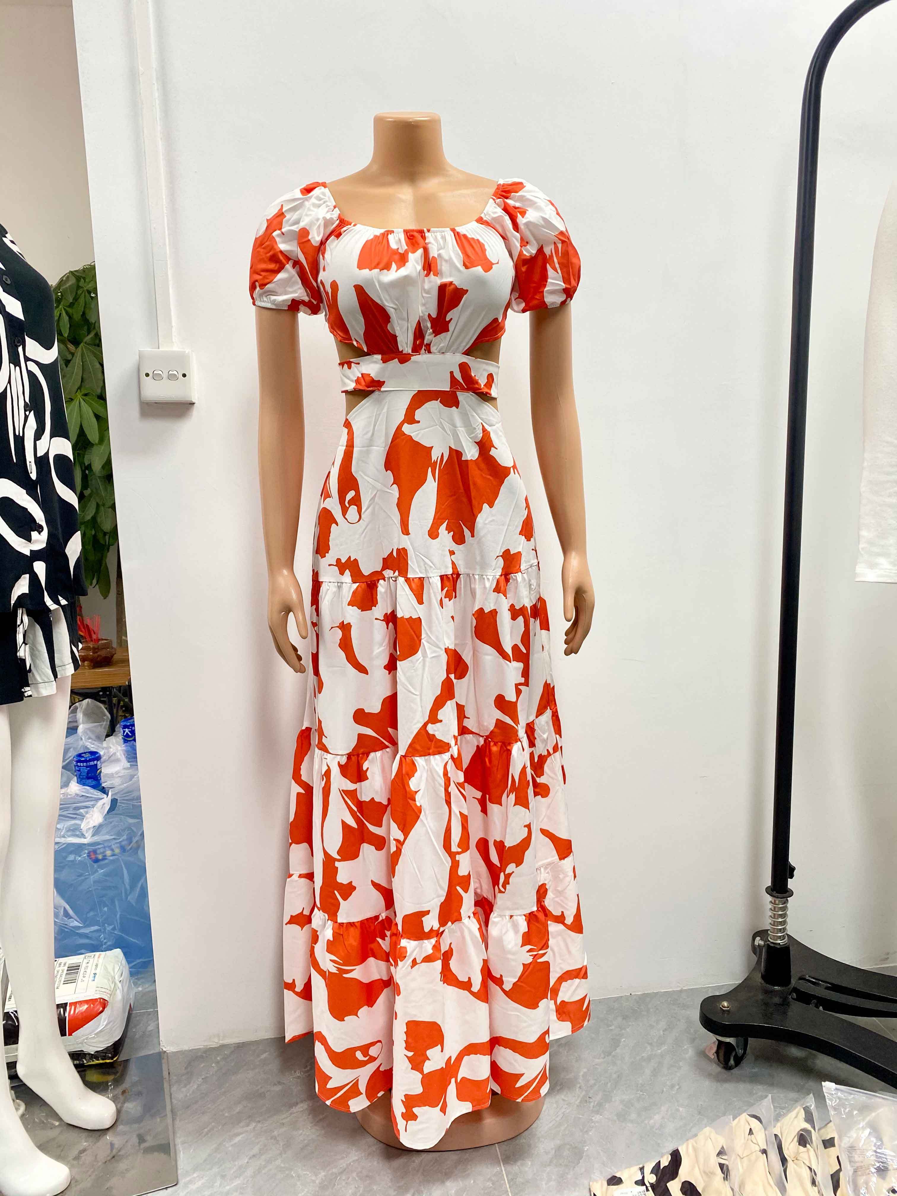 Fashion summer dresses women 2024 hollow out floral printing long off the shoulder casual dress for women