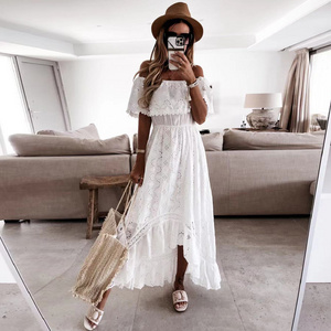 Wholesale casual summer plus size women's dresses off-the-shoulder lace white long maxi beach dress ladies