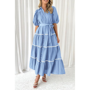 Custom made dress manufacturer elegant summer Button Down short puff sleeve shirt collar lace Long Maxi casual dresses women