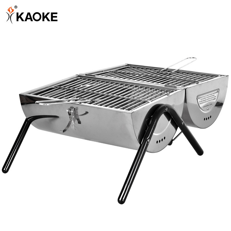 KAOKE 15 Inch Outdoor Foldable BBQ Mini Barrel Portable BBQ Grill Stainless Steel Charcoal Smoker Grill Small BBQ Grill