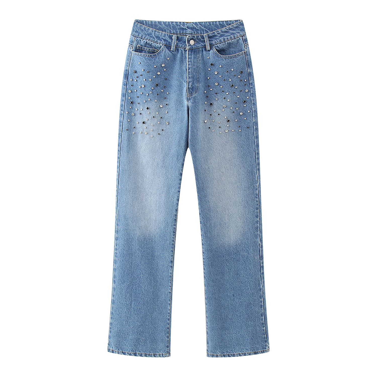 KAOPU ZA Women with rhinestones denim straight-leg jeans vintage high-waist zipper fly female trousers mujer