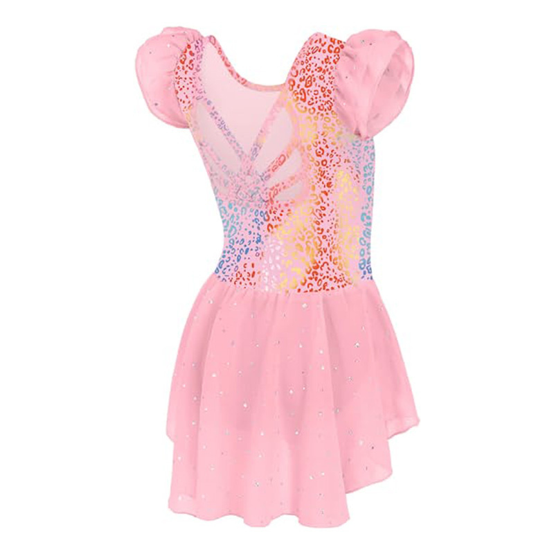 Shiny Ruffle Sleeve Design Children Dancewear Sparkly Hollow Out Cross Strap Chiffon Skirt Kids Girls Ballet Dance Leotard