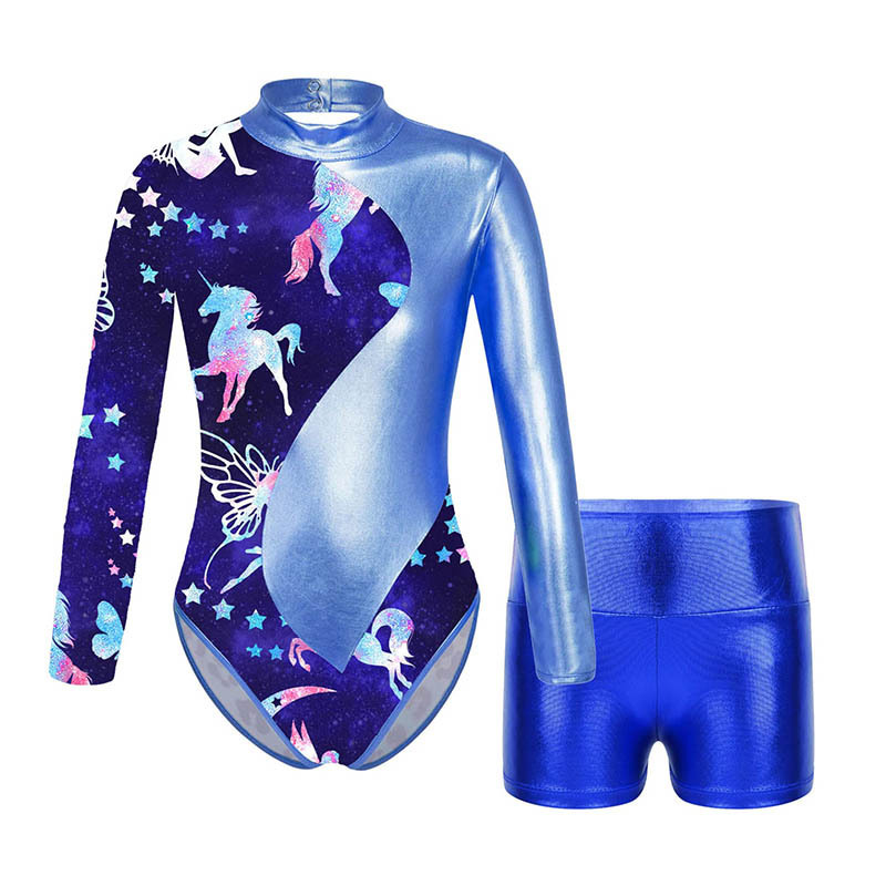 Long Sleeve Performance Wear Kids Mock Neck Hollow Back Leotards 2 Piece Sets Girls Ballet Dance Shorts Gymnastics Leotard