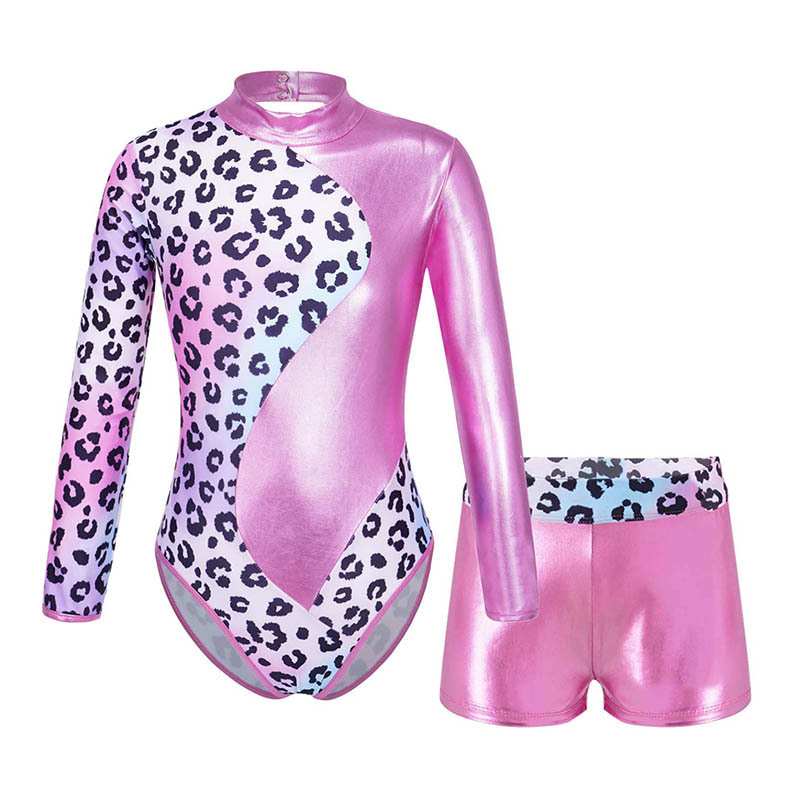 Long Sleeve Performance Wear Kids Mock Neck Hollow Back Leotards 2 Piece Sets Girls Ballet Dance Shorts Gymnastics Leotard