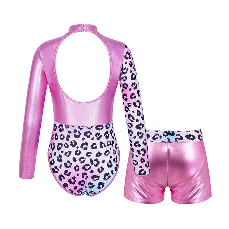 Long Sleeve Performance Wear Kids Mock Neck Hollow Back Leotards 2 Piece Sets Girls Ballet Dance Shorts Gymnastics Leotard