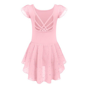 Shiny Ruffle Sleeve Design Children Dancewear Sparkly Hollow Out Cross Strap Chiffon Skirt Kids Girls Ballet Dance Leotard