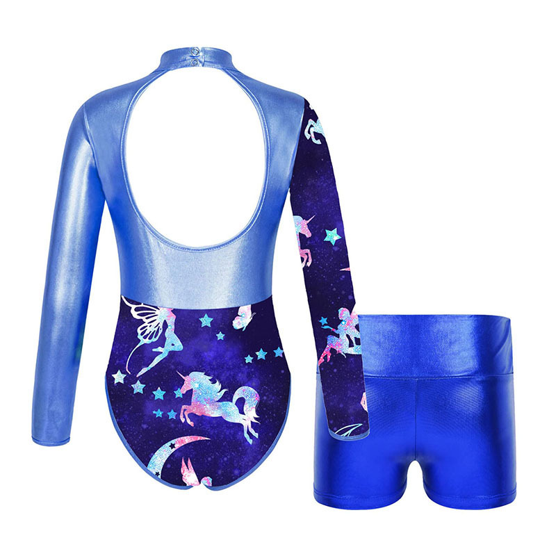 Long Sleeve Performance Wear Kids Mock Neck Hollow Back Leotards 2 Piece Sets Girls Ballet Dance Shorts Gymnastics Leotard