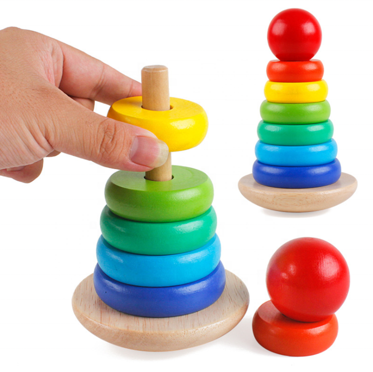 Wholesale baby educational tower toys classic geometric blocks wooden rainbow stacking rings game toy for kids