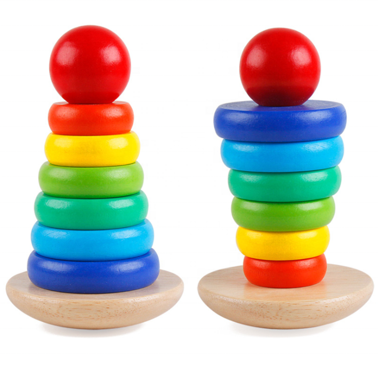 Wholesale baby educational tower toys classic geometric blocks wooden rainbow stacking rings game toy for kids