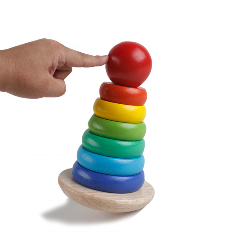 Wholesale baby educational tower toys classic geometric blocks wooden rainbow stacking rings game toy for kids