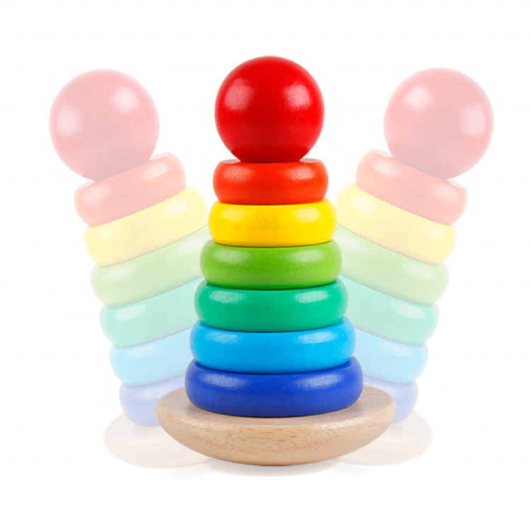 Wholesale baby educational tower toys classic geometric blocks wooden rainbow stacking rings game toy for kids