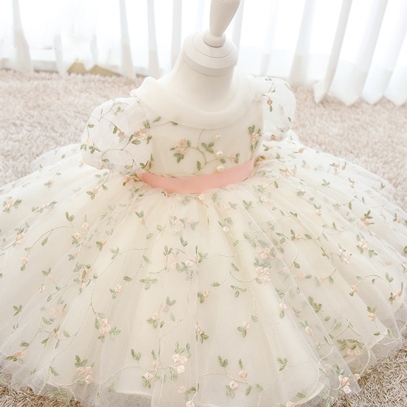 2023 Wholesale First Birthday Party Wear Short Sleeve Spring Summer Lace Bow Baby Princess Dress Infant Baby Girl Dress