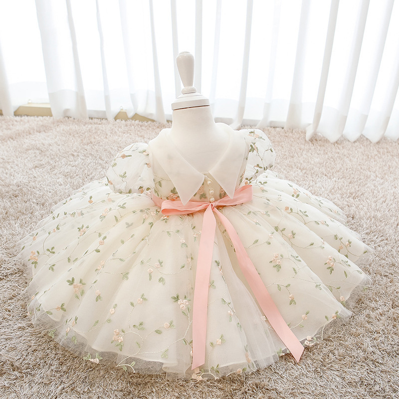 2023 Wholesale First Birthday Party Wear Short Sleeve Spring Summer Lace Bow Baby Princess Dress Infant Baby Girl Dress