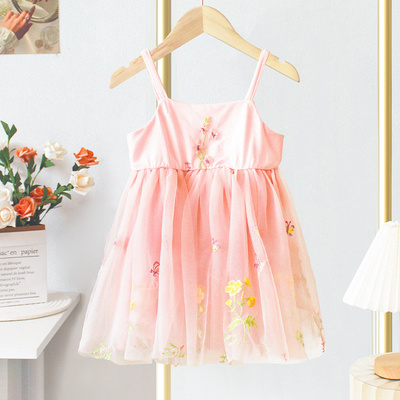 OEM Summer Princess Floral Embroidery Kids Girl Casual Strap Sleeveless Tulle Dresses Tutu Baby Girl Dress