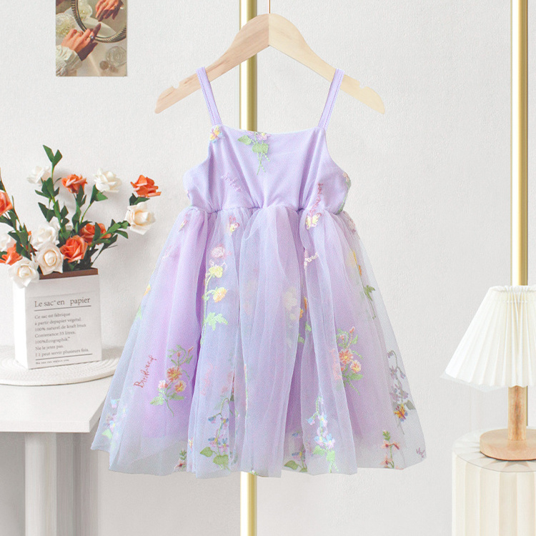 OEM Summer Princess Floral Embroidery Kids Girl Casual Strap Sleeveless Tulle Dresses Tutu Baby Girl Dress