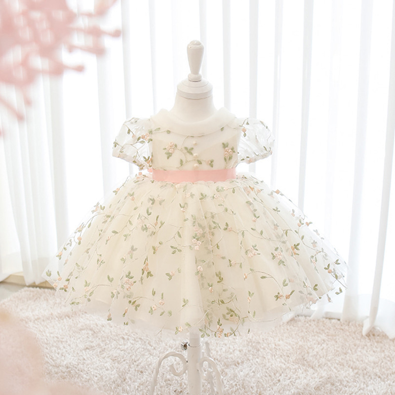 2023 Wholesale First Birthday Party Wear Short Sleeve Spring Summer Lace Bow Baby Princess Dress Infant Baby Girl Dress