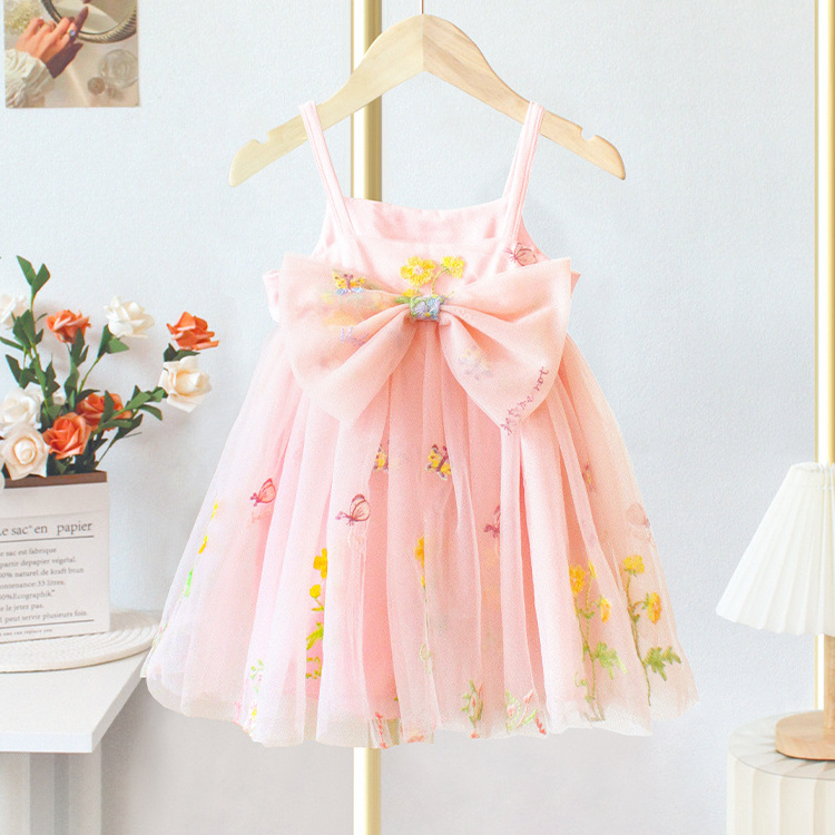 OEM Summer Princess Floral Embroidery Kids Girl Casual Strap Sleeveless Tulle Dresses Tutu Baby Girl Dress