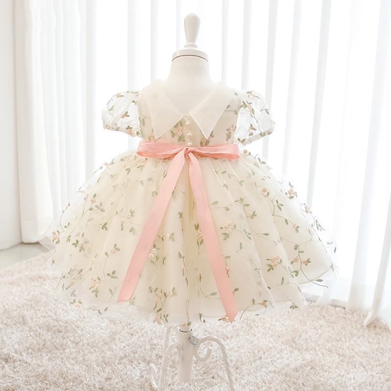 2023 Wholesale First Birthday Party Wear Short Sleeve Spring Summer Lace Bow Baby Princess Dress Infant Baby Girl Dress