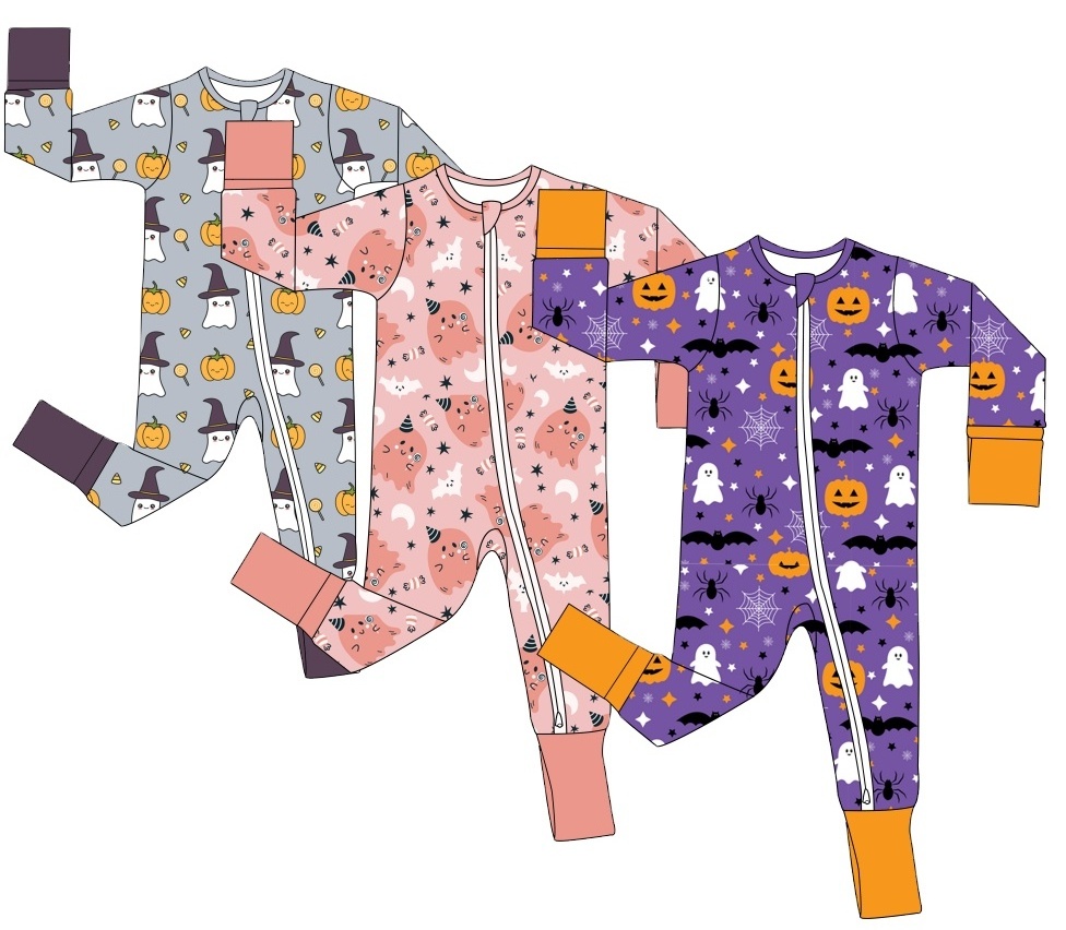 2024 hot sale customized milksilk toddler pajamas 100% polyester double zipper baby romper Halloween print onesie for baby